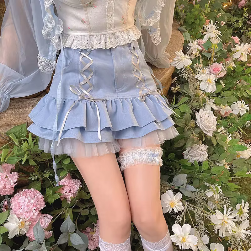 Mini jupe japonaise Kawaii pour femmes, jupe bandage en dentelle taille haute, jupe Sweet Y2K, éléga
