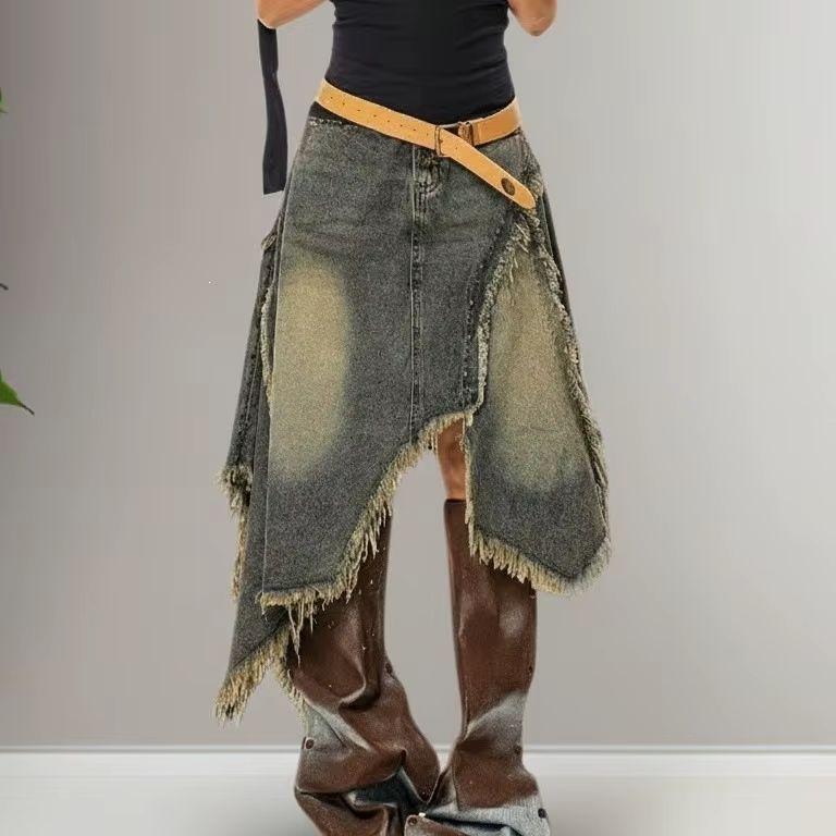 Jupe en jean rétro décontractée avec franges, jupe midi évasée, jupe mini en jean vintage délavé pou