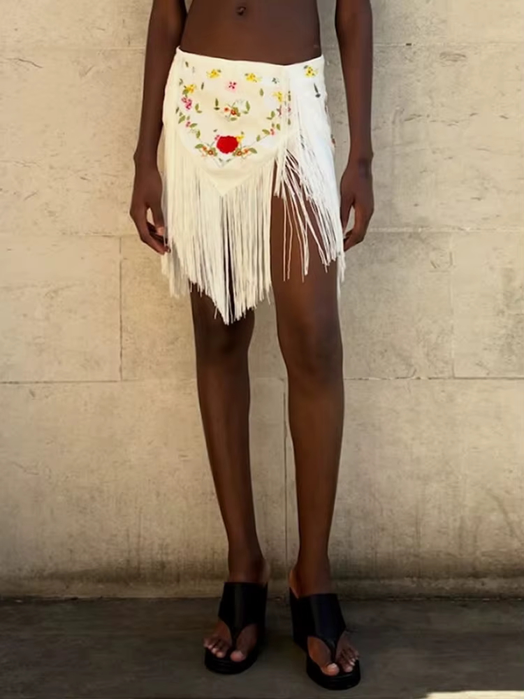 Jupe courte asymétrique à broderies et franges pour femme, sexy, taille mi-haute, ourlet irrégulier,