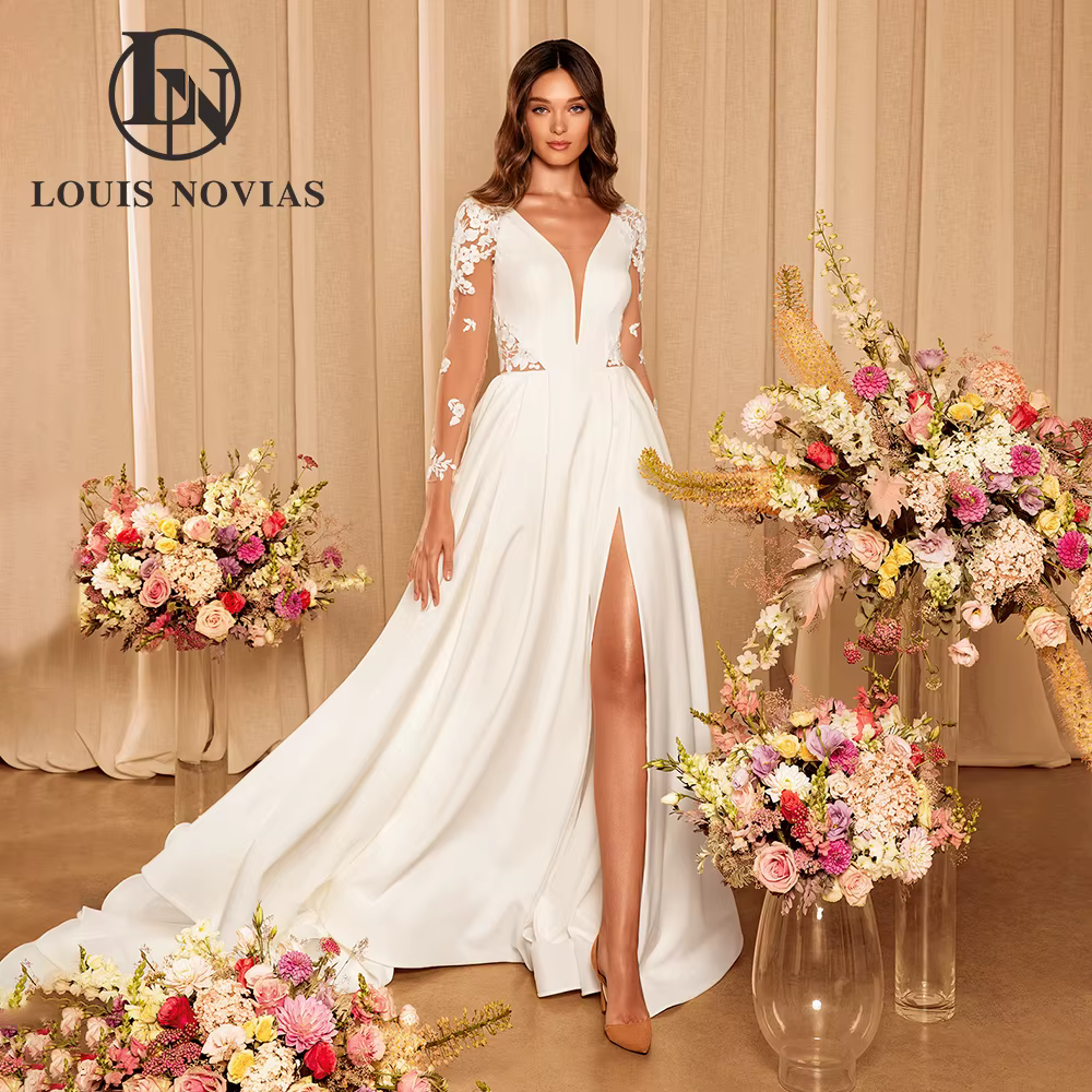Modiis-Robes de mariée en satin à col en V profond pour femmes, robe de patients sexy, robes de mari