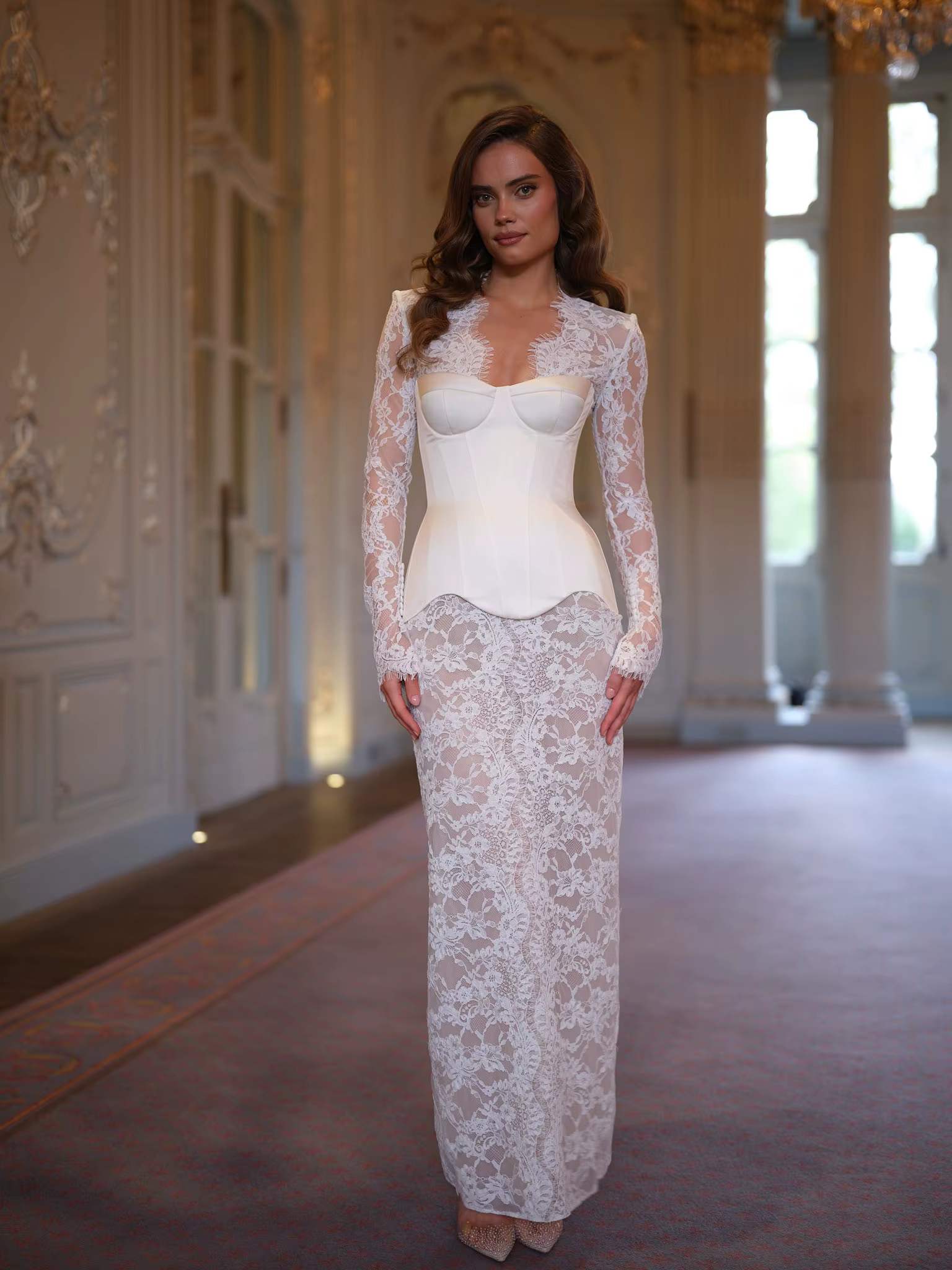 Robe Corset Élégante en Dentelle Blanche pour Femme, Haut Bustier Chic, Robe Longue en Dentelle Tran