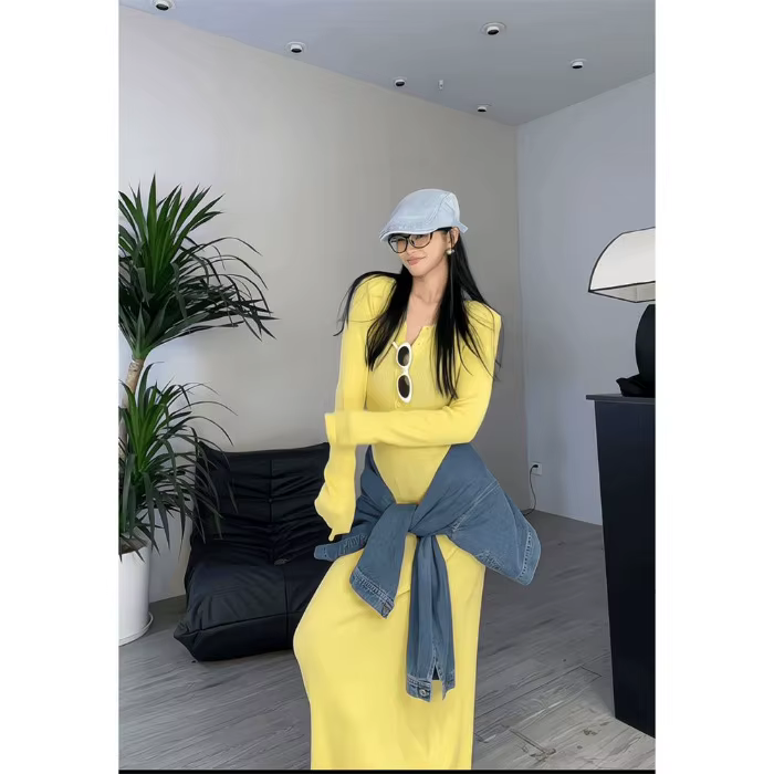 Robe en tricot grise à manches longues, jupe de banlieue Slim pour femmes, tempérament d'automne 202