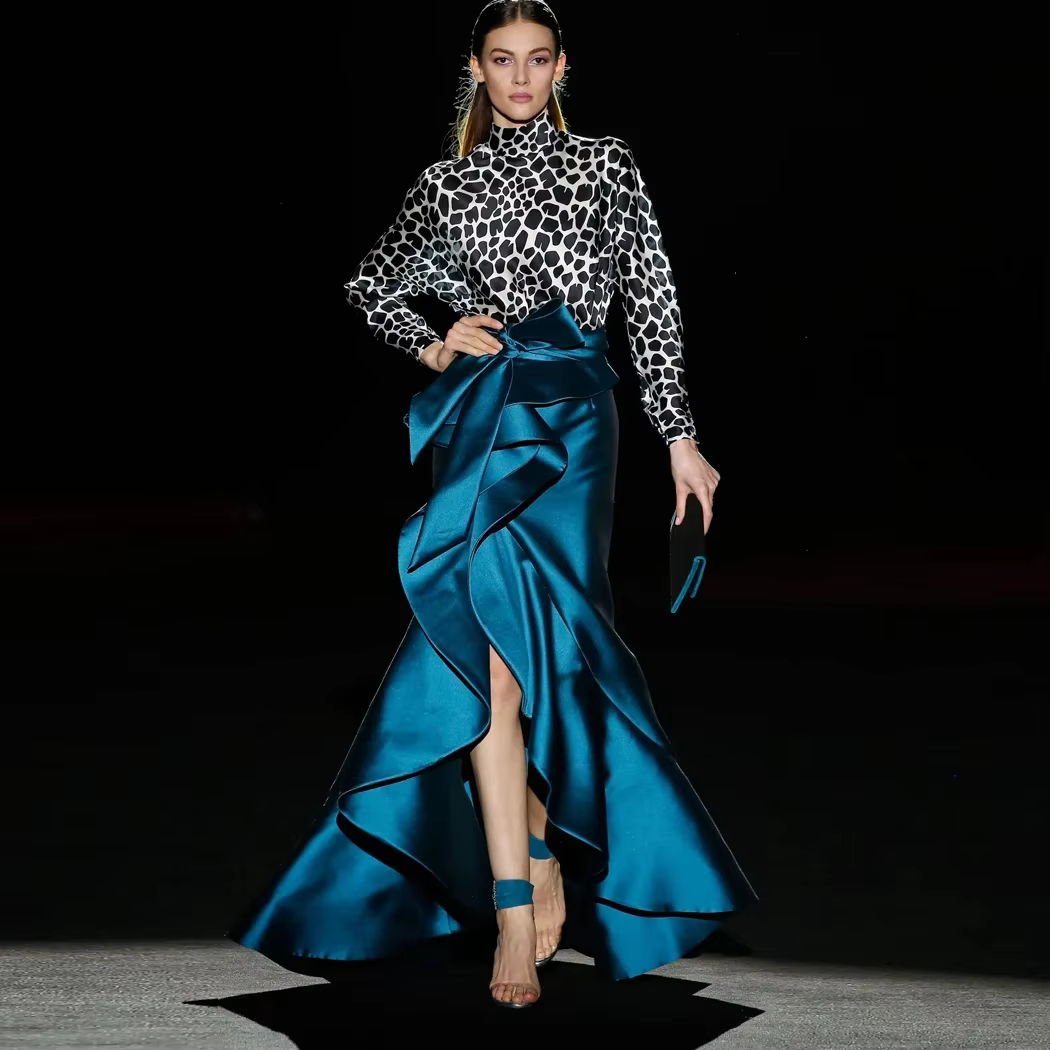 Jupe Sirène en Satin Bleu Sarcelle à Volants et Fermeture Éclair pour Femme, Tenue de Soirée de Haut