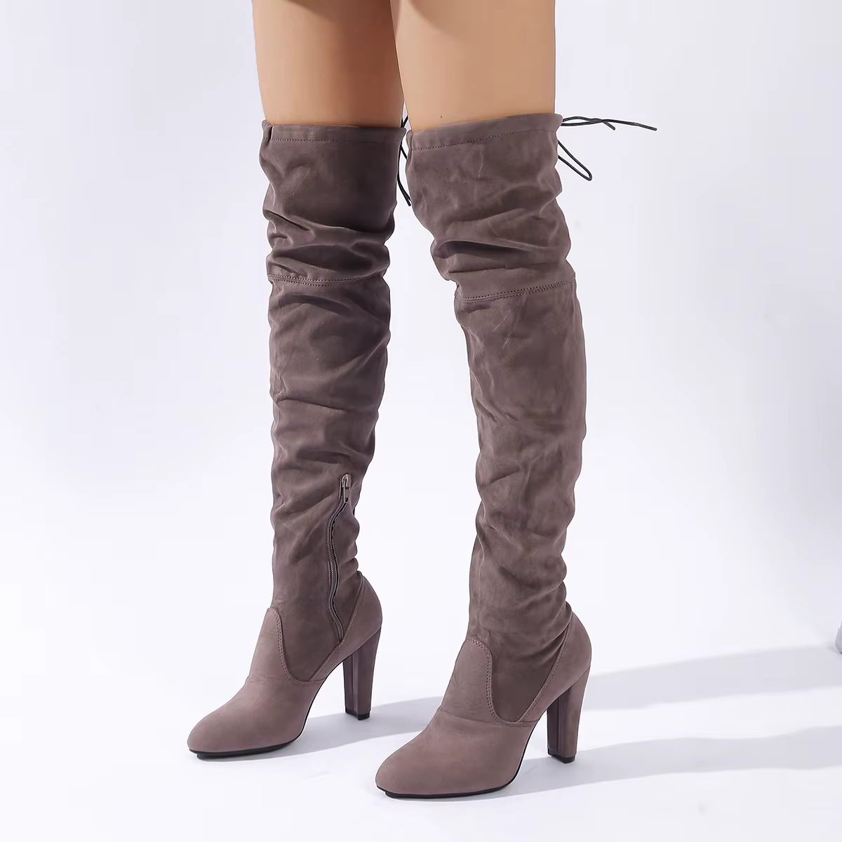 Bottes longues au-dessus du genou à talon haut et bout pointu pour femme, grande taille, avec boucle