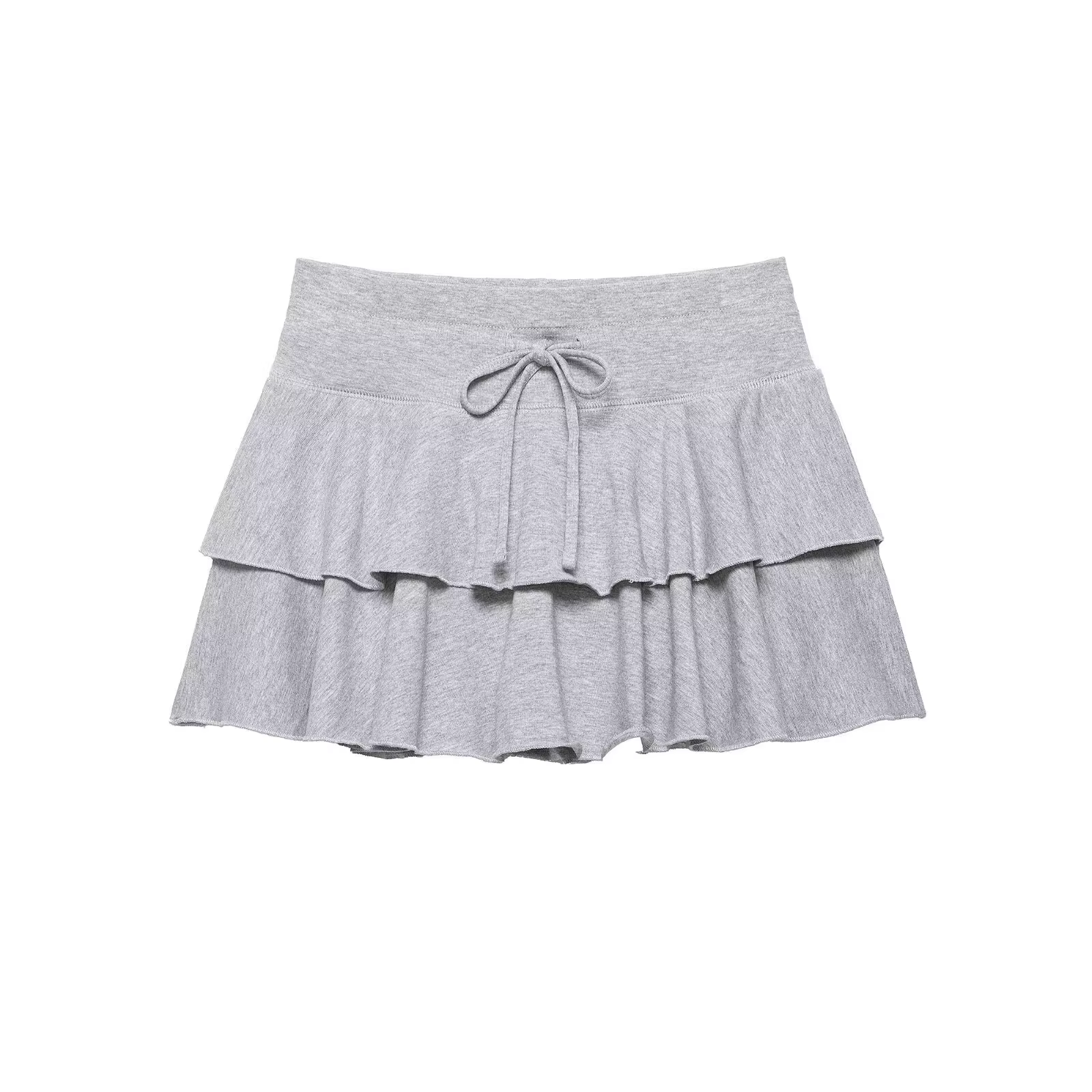 Jupe courte à volants superposés pour femme HH, jupe fluide grise à taille haute avec cordon de serr