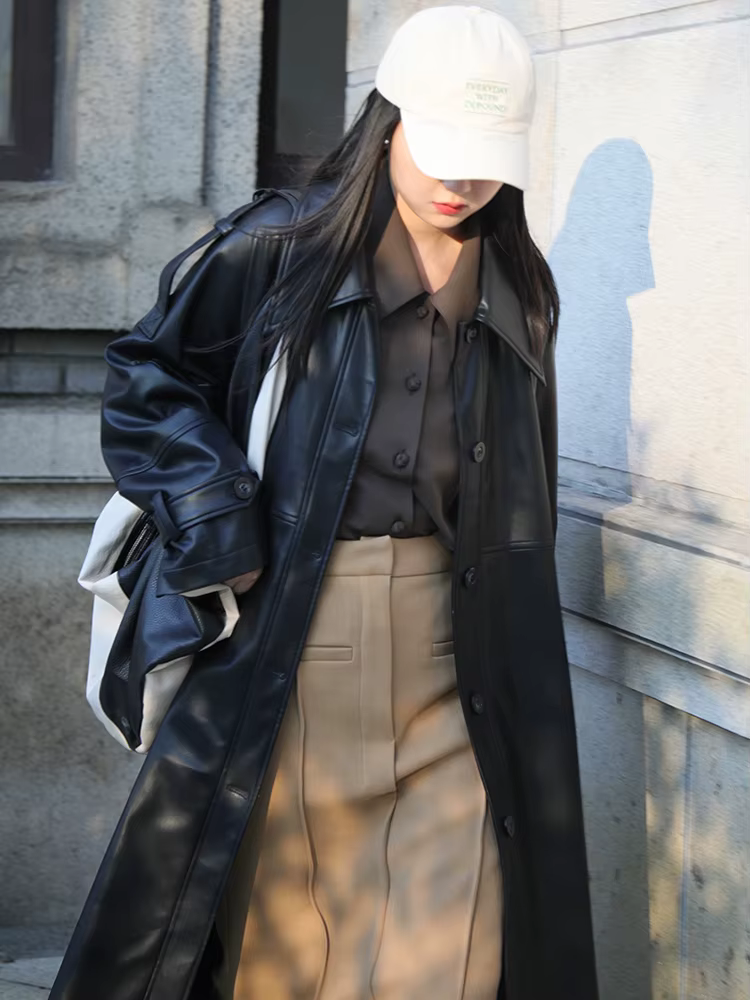 Lautaro-Trench long en cuir PU pour femme, surdimensionné, long, vert, noir, doux, manches raglan, s