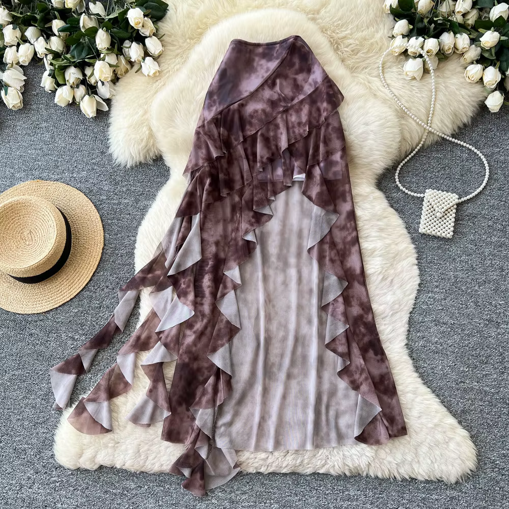 Jupes Femme Mi-longues Coupe Trapèze Taille Haute Ajustée Effet Enveloppant Volants Imprimé Élégant