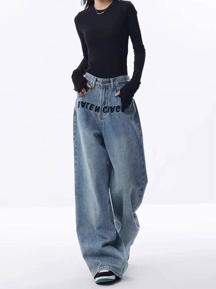 Jean Bleu Brodé pour Femme, Pantalon à Jambes Larges, Décontracté, Style de Rue, Nouvelle Collection