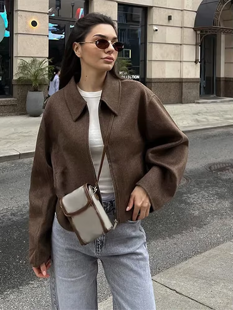 Veste marron Vintage pour femmes, ample, manches longues, fermeture éclair, manteaux courts épais, n