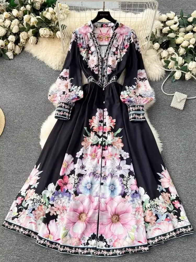 Femmes bohème col en V manches longues lanterne taille élastique Robe Maxi florale automne magnifiqu