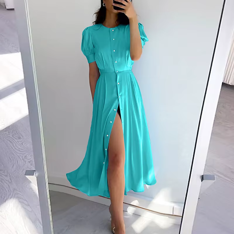 Nouvelle Robe Longue Élégante pour Femme, Boutonnée sur le Devant, Couleur Unie, Tendance Printemps-