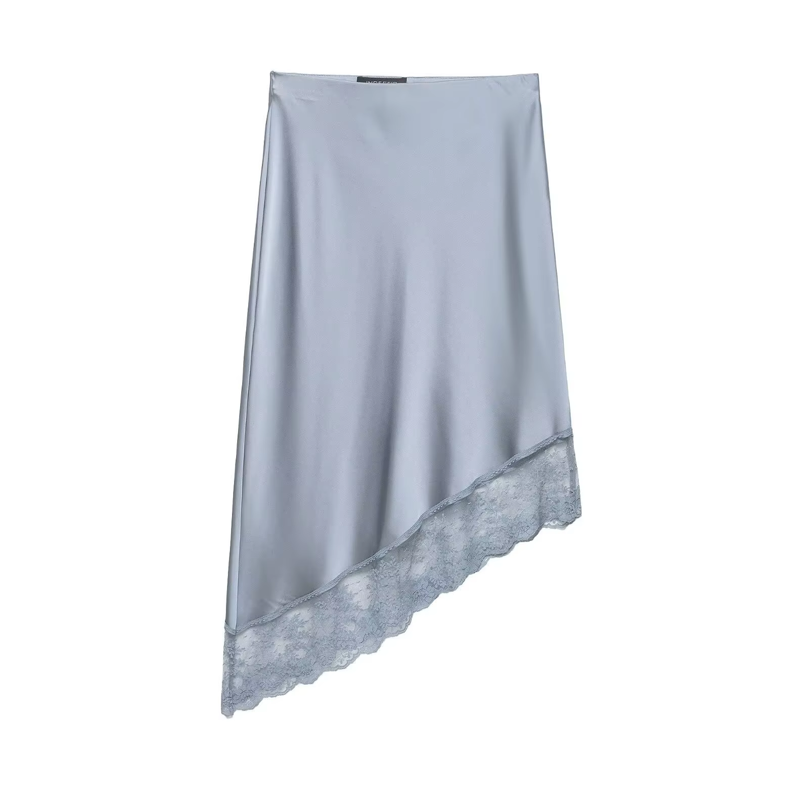 Jupe mi-longue trapèze en satin pour femme, printemps-été, avec patchwork de dentelle et ourlet irré