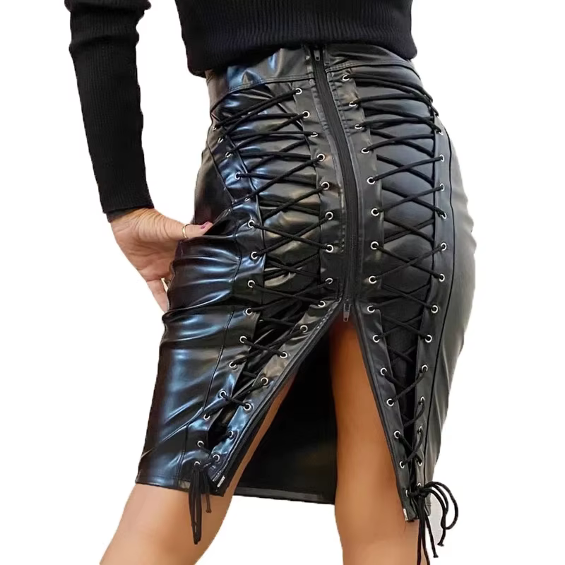 Jupe crayon longueur genou pour femme, faux cuir, taille haute, fermeture éclair au dos