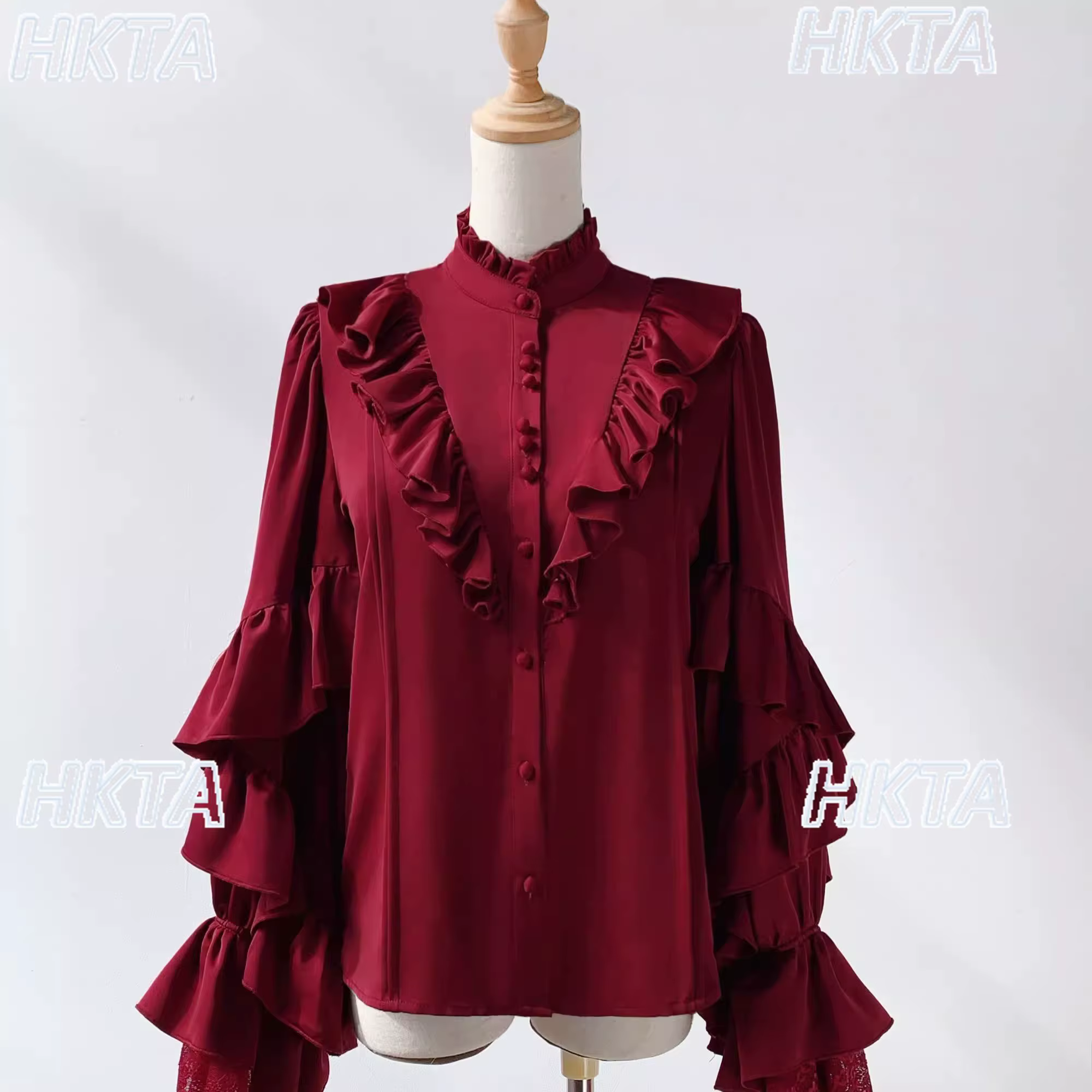 Chemisier Lolita à manches longues, style gothique, avec volants rouges et manches chauve-souris, No