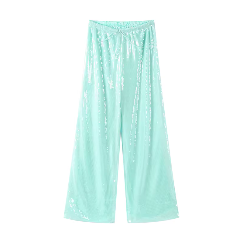Pantalon long femme tendance à sequins et lacets, pantalon large brillant chic pour l'été, coupe amp
