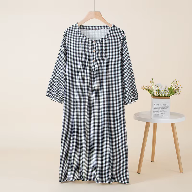 2025 coton gaze Plaid maison robe printemps et été mince chemise de nuit ample neuf-quarts manches m
