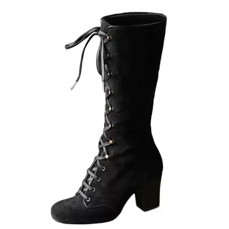 Bottes mi-mollet pour femme, style cavalier, à lacets, talon épais, semelle en caoutchouc, confortab