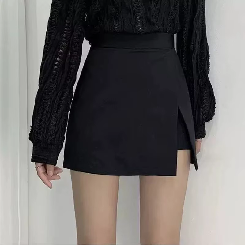 Mini jupes noires pour femmes, fentes latérales irrégulières, taille haute, ligne A, short, mode cor