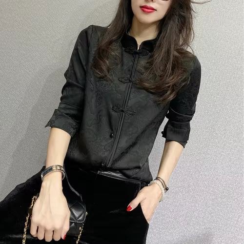 Chemise noire à manches longues et boutons pour femmes, chemises cheongsam de style chinois