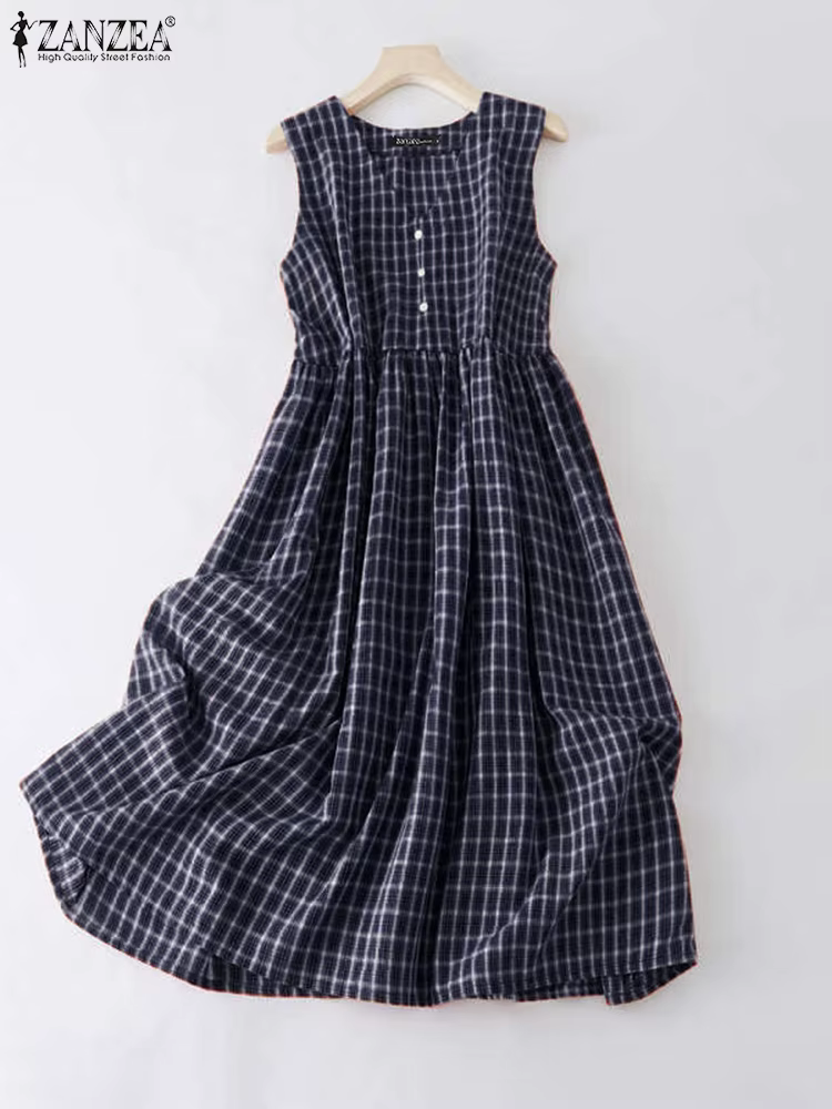 ZANZEA bohème femmes Robe longue décontracté été sans manches Vintage Plaid Robe d'été 2025 mode col
