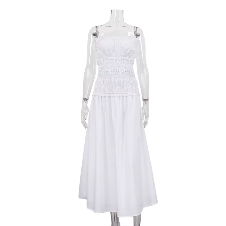 Nouvelle Robe plissée taille haute à bretelles pour femme, style Spice Girl, col bateau sans manches