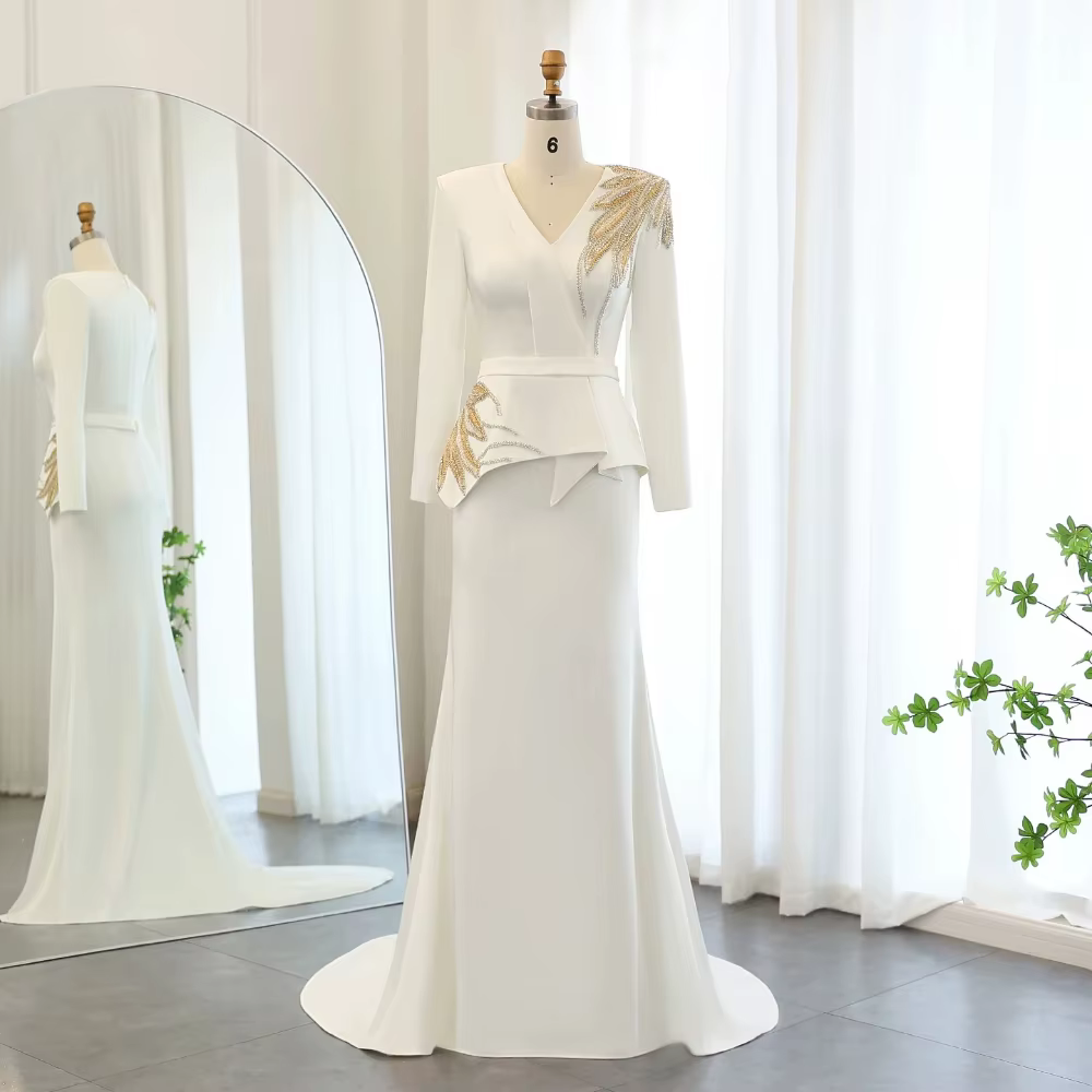 Robe de soirée de forme sirène, élégante, col en v, manches longues, formelle, exquise, haute qualit