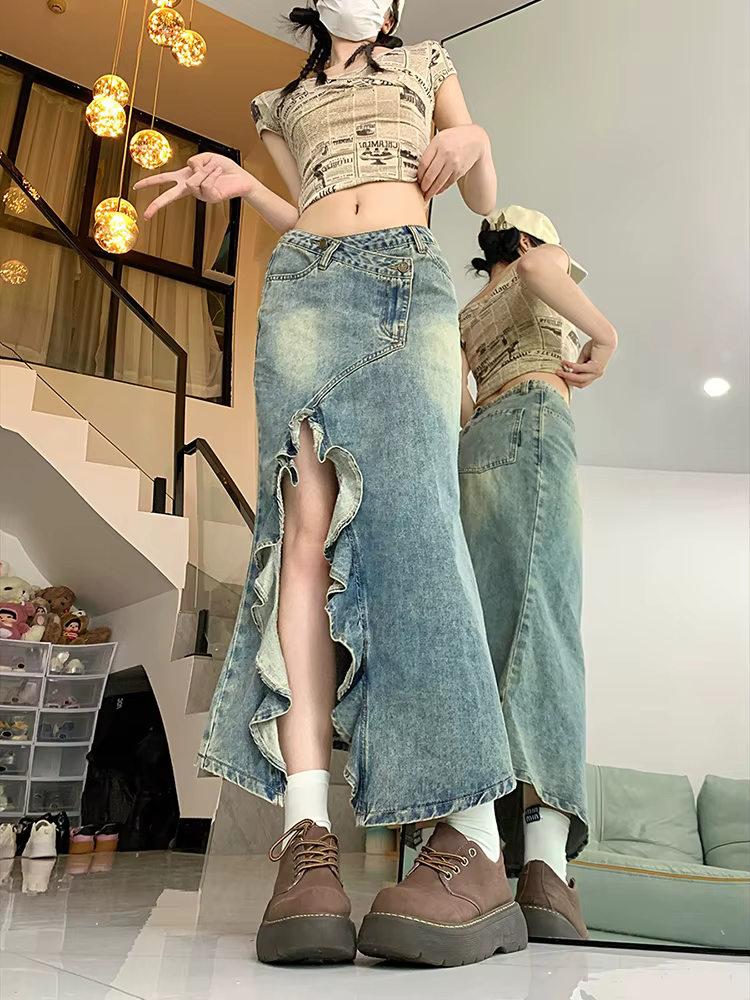Jupe sirène Harajuku pour femme, jupe en jean, ourlet fendu, bleu, décontracté, chic, mode, vintage,