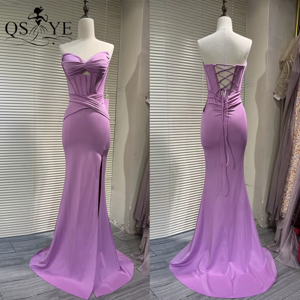 Robe de soirée longue rose vif en satin extensible avec corset baleiné, froncée, épaules dénudées, b