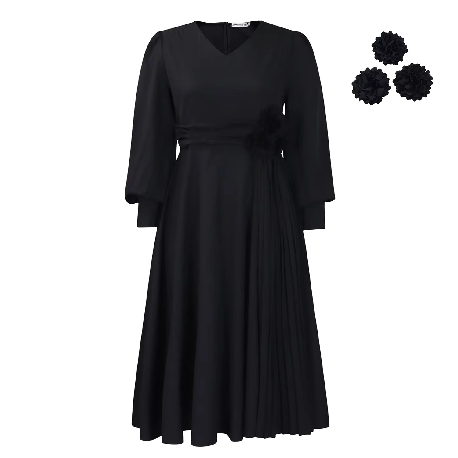 Robe longue femme plissée col en V manches longues fleurs 3D taille ajustée maxi ligne A été 2025