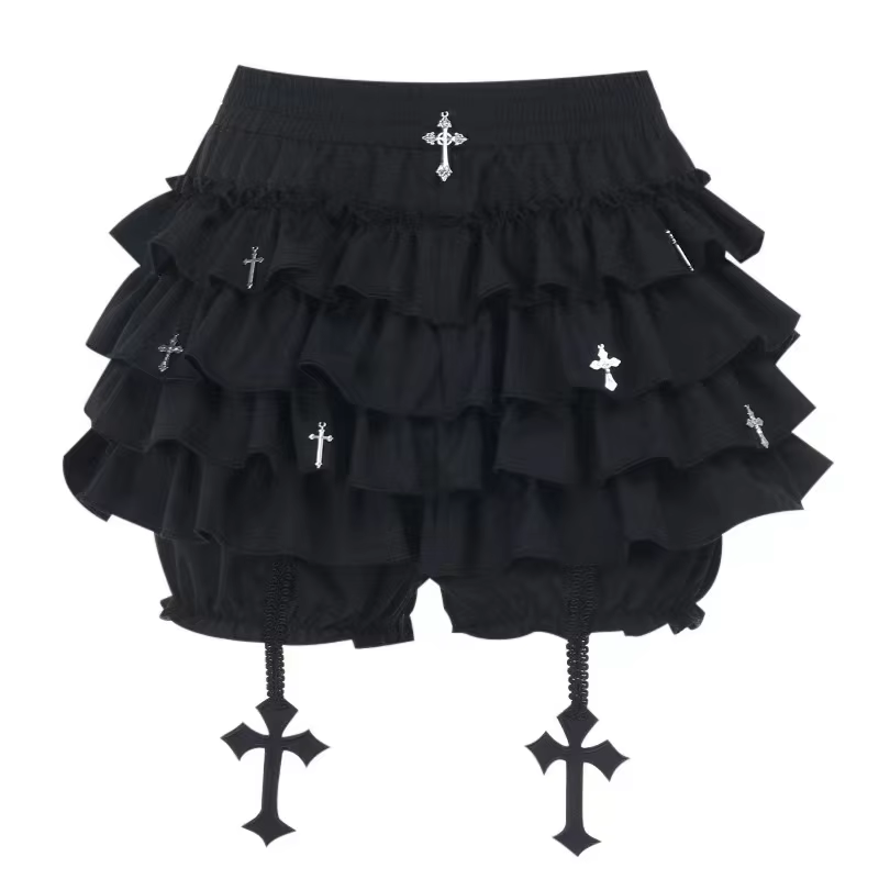 Jupes pour femmes, jupe courte à volants superposés avec breloques croisées, short intégré, jupe-sho