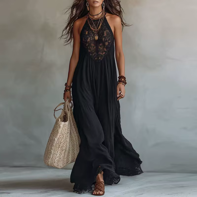 Robe longue bohème chic pour femme, style halter en dentelle crochet, sans manches, ample et fluide,