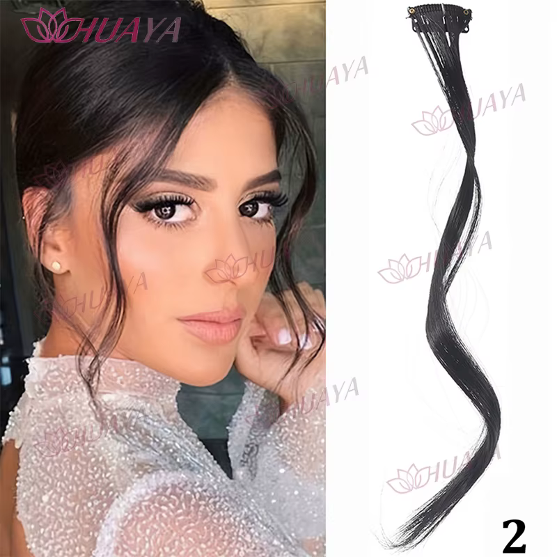 2 paires de franges latérales longues ondulées bouclées à clipser, postiches synthétiques pour femme
