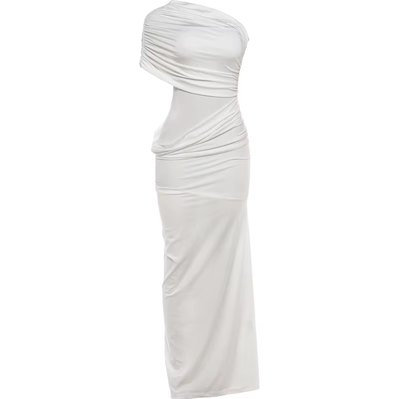 Robe longue sexy Kliou pour femme, épaules dénudées, col asymétrique, dos nu, taille haute, froncée,