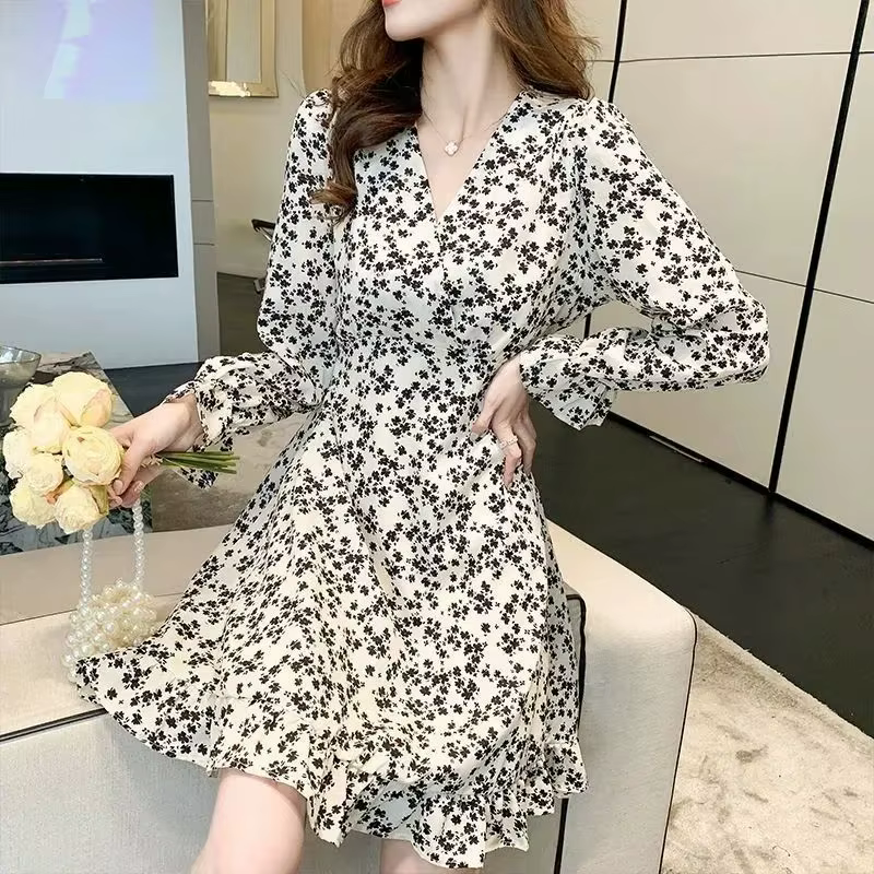 Robe florale à manches longues pour femmes, Chic et élégante, jolie tenue de luxe à fleurs de haute 