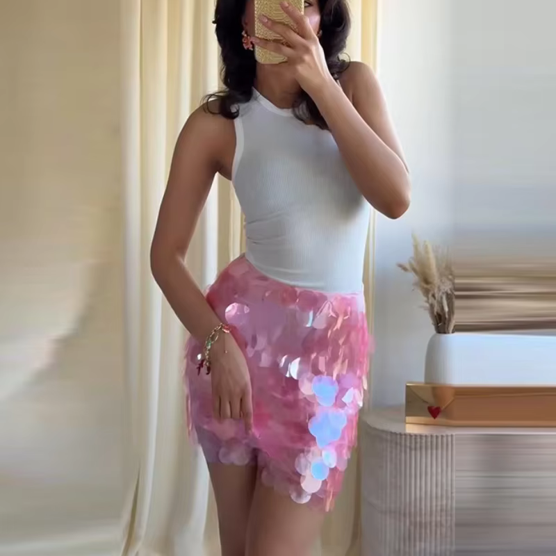 Ensemble de plage sexy à sequins et haut transparent, jupe et haut deux pièces scintillant pour femm