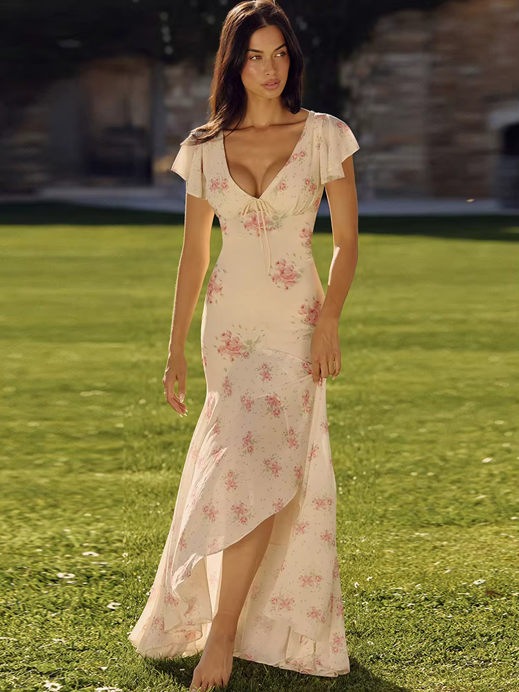 Robe longue élégante froncée Kliou pour femme, imprimé floral, col en V, manches bouffantes, taille 