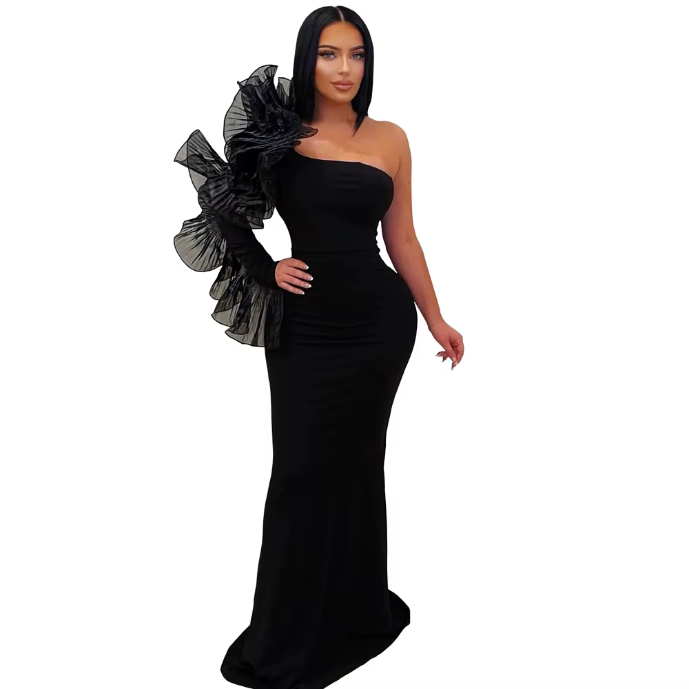 Robe de soirée élégante pour femme, longue, chic, à manches florales plissées 3D, asymétrique, à épa