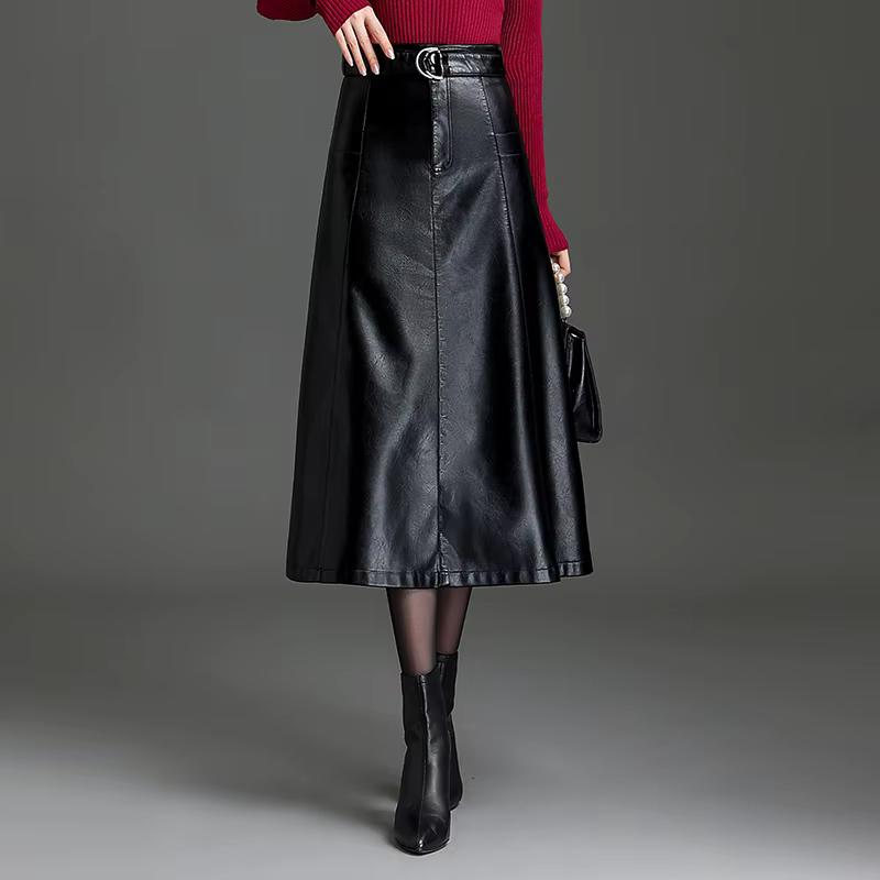 ZUZK – jupe trapèze en cuir Pu avec ceinture pour femmes, longue, taille haute, élégante, pour le bu