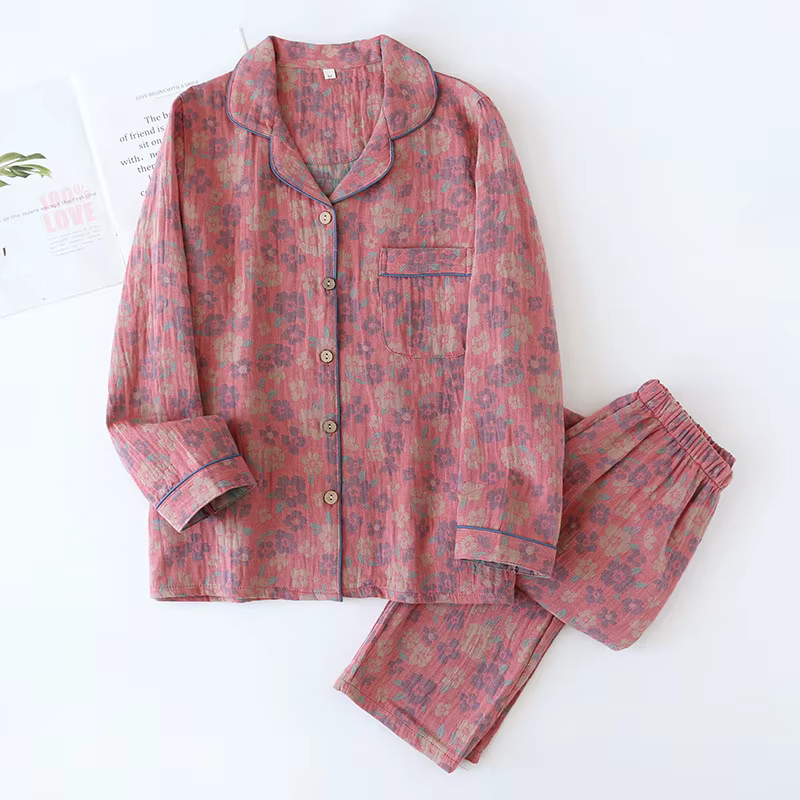 Pyjama Jacquard teint en fil pour femme, costume, pantalon à manches longues, 2 pièces, 100% coton, 