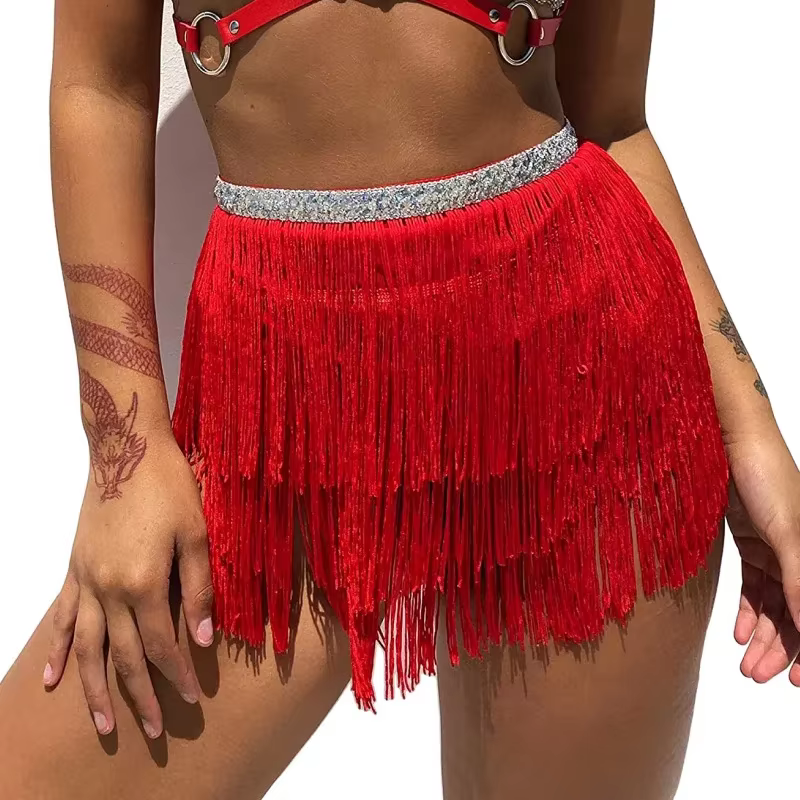 Jupe de danse à franges pour femmes et filles, 3 couches, gland et taille, conception de paillettes,