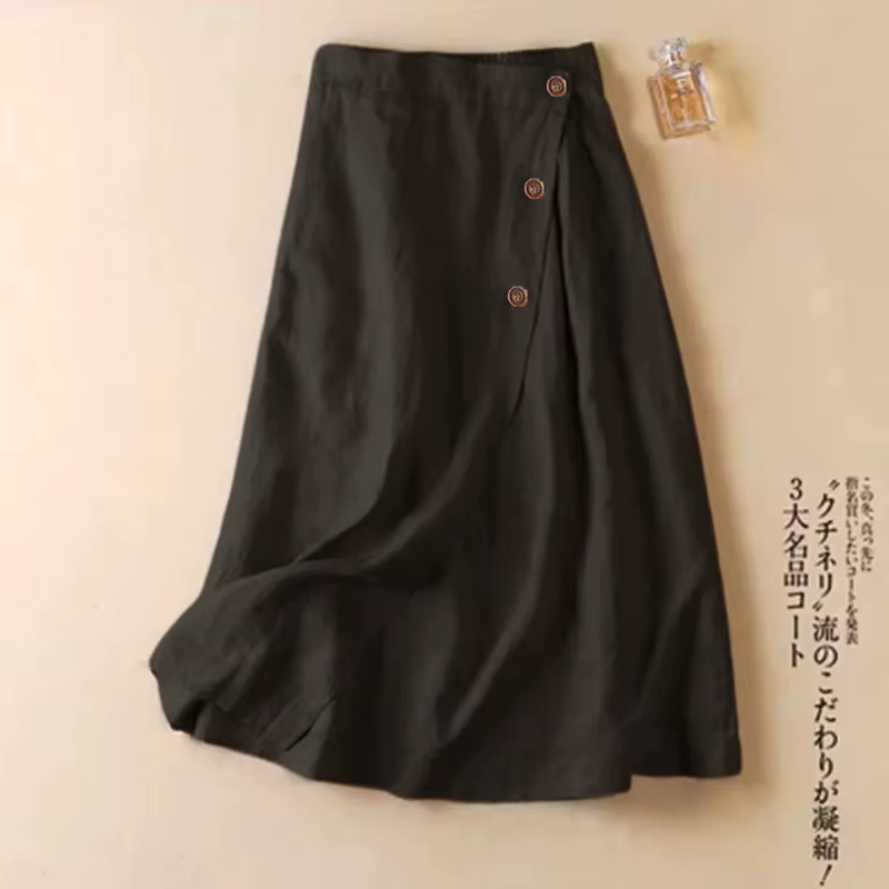 Jupe longue mi-mollet en lin pour femme, taille élastique, ligne A, monochromatique, boutonnage simp