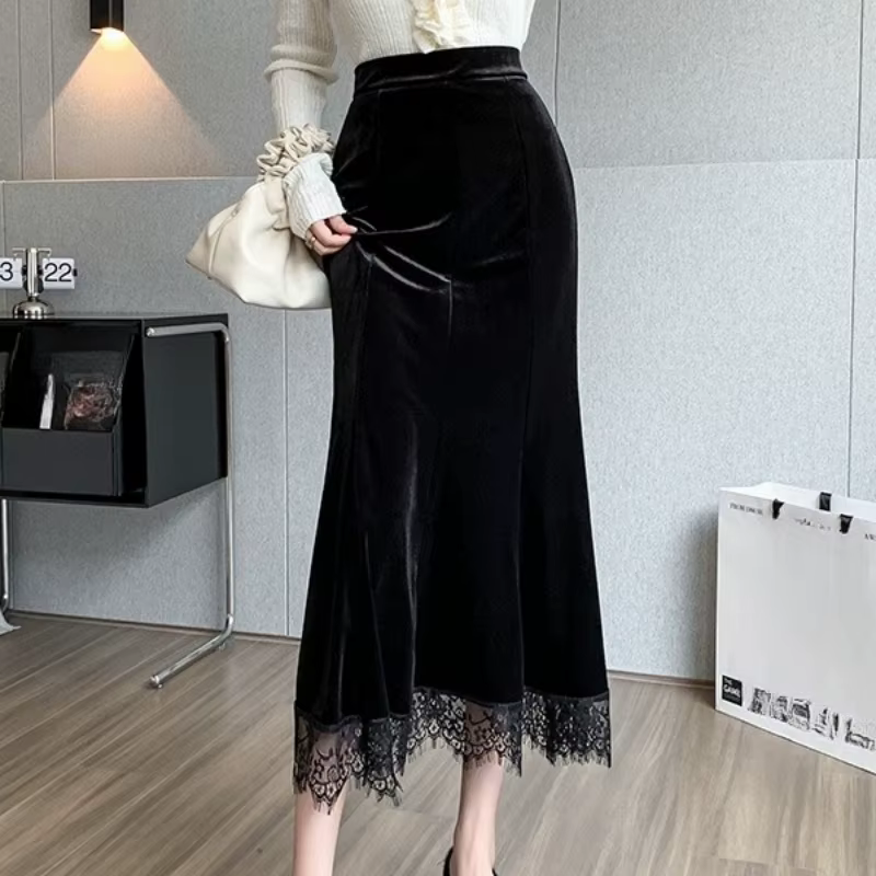 Automne hiver Vintage velours dentelle Patchwork femmes jupes portefeuille 2025 nouveau taille haute