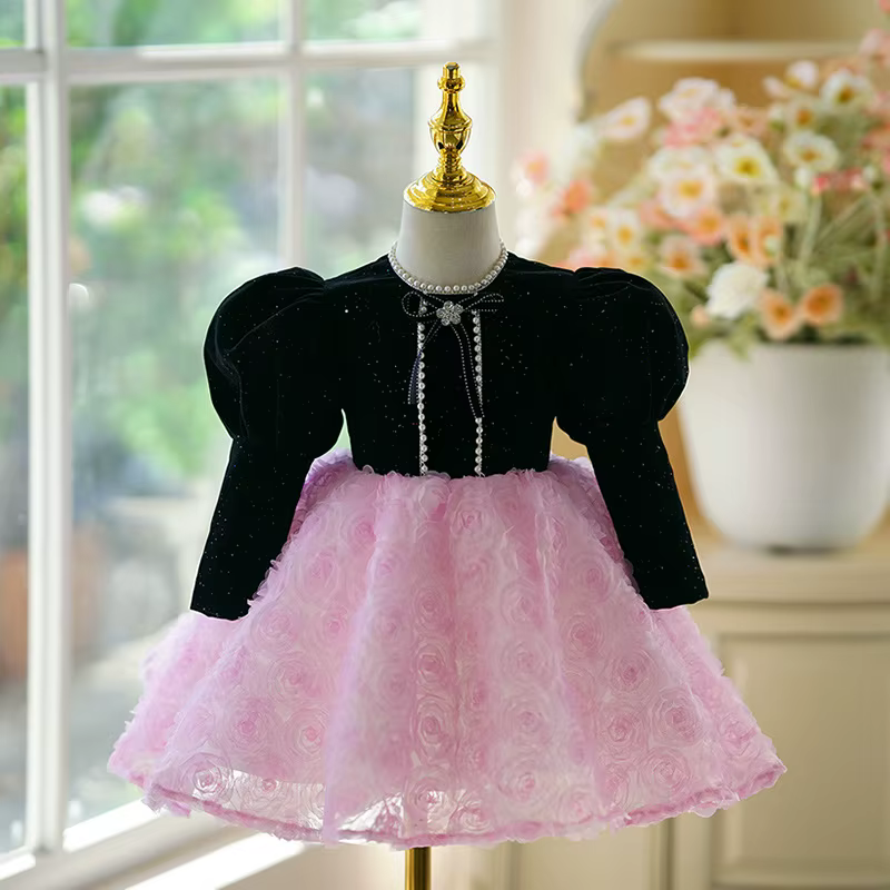 Robe de mariée à fleurs pour filles, tenue de princesse à manches longues, pour 1er anniversaire, Pi