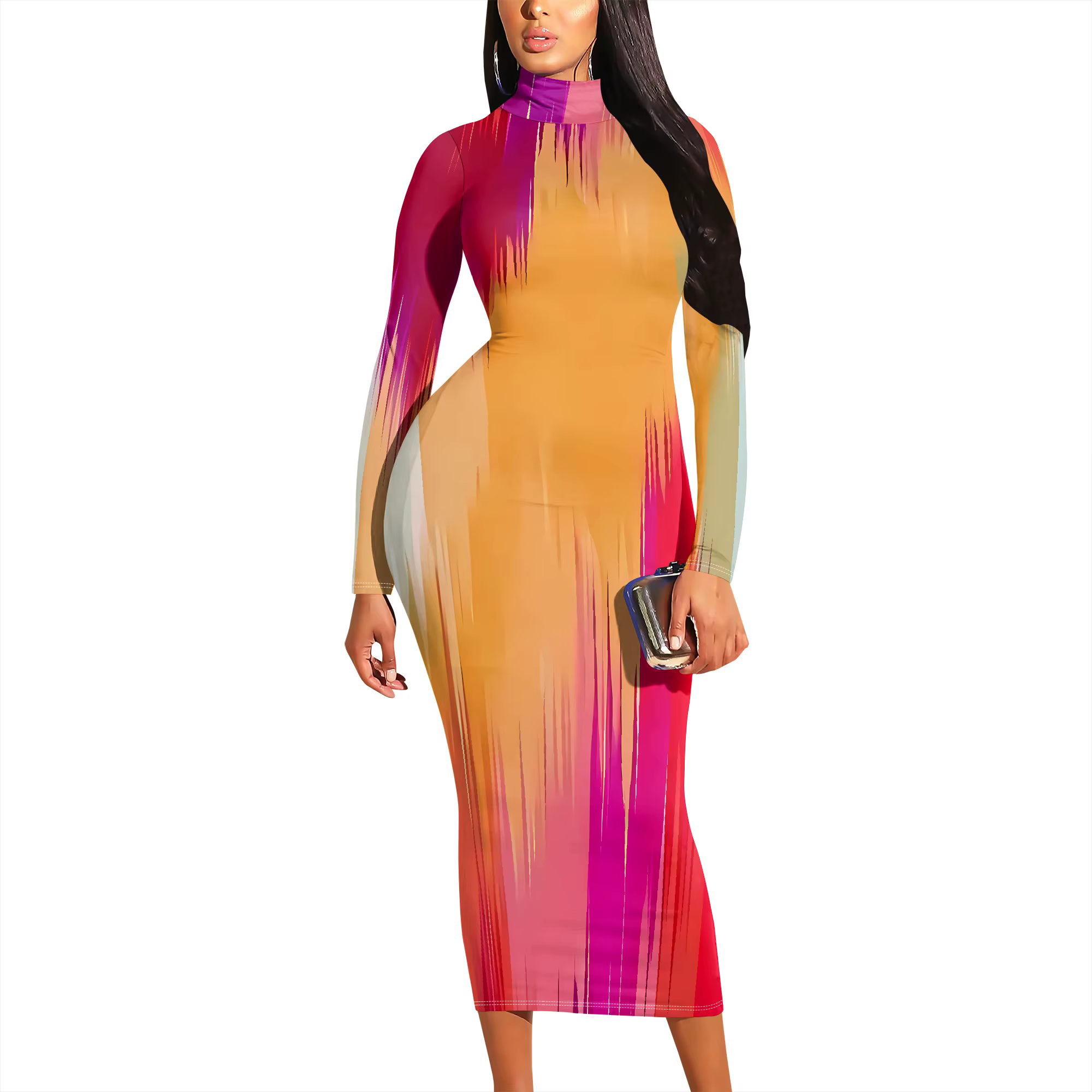 Robe imprimée dégradée rouge orange, manches longues, tendance, chic, pour les vacances d'été ou les