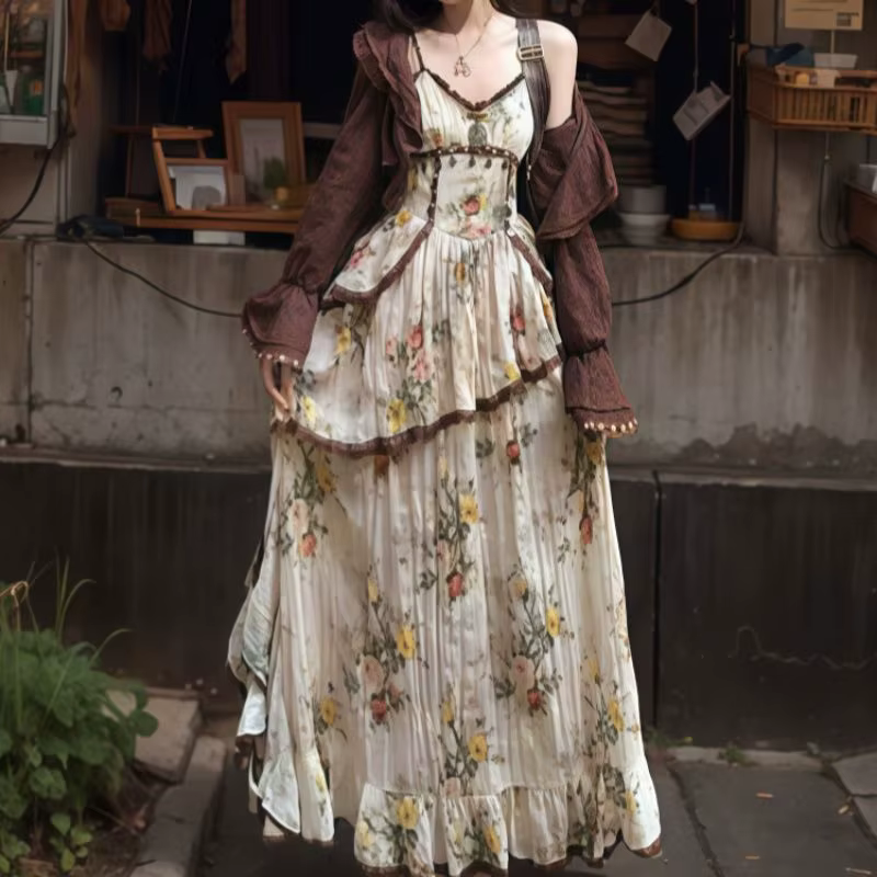 Xgoth Vintage Style bohème robe florale taille minceur Camisole longue robe marron à volants Cardiga