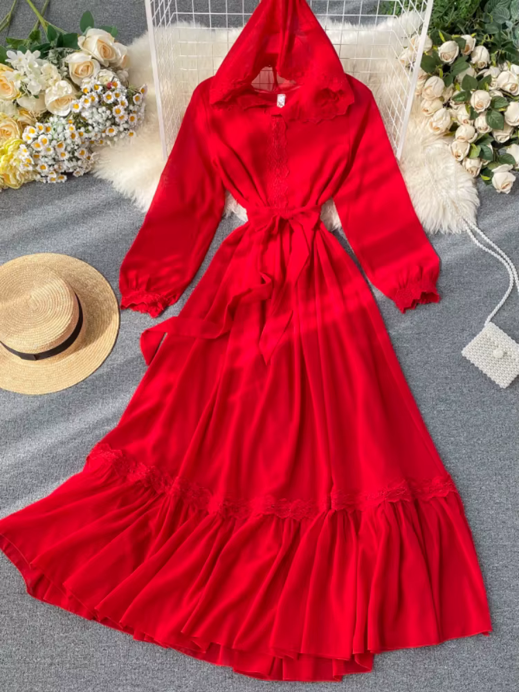 Robe longue rouge à capuche en mousseline de soie pour femmes, robes de plage élégantes à volants, r