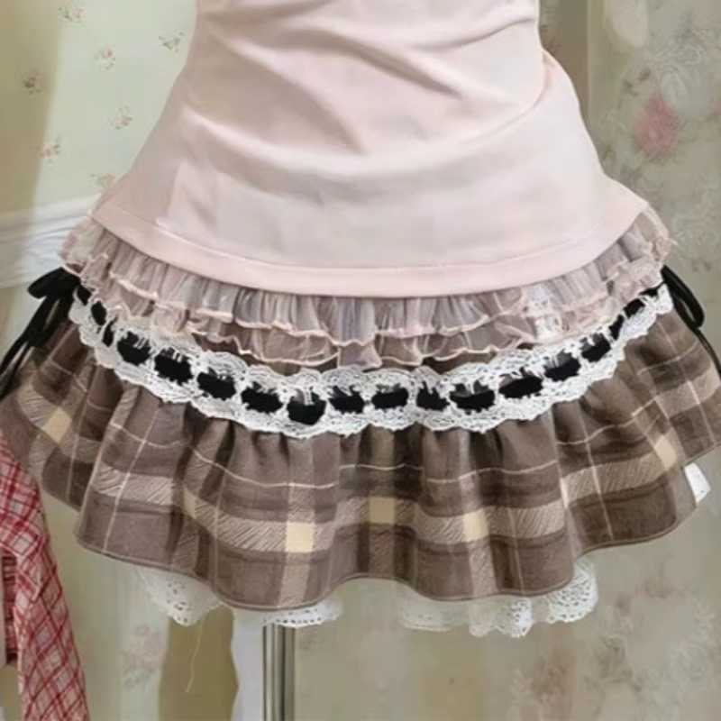 Ensemble 3 Pièces Élégant Style Vintage Old School pour Femme, Jupe Courte Plaid Kawaii Rétro, Tenue