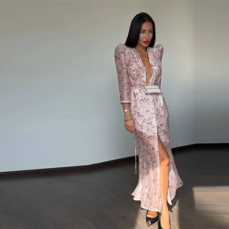 Nouvelle Robe Longue Élégante à Imprimé Floral pour Femme, Col en V Profond, Boutonnage Simple, Fent