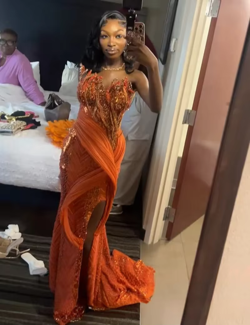 Robes de bal longues orange pour filles noires, robes de soirée africaines sans bretelles, ornées de