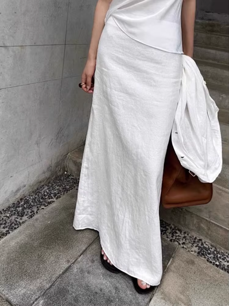Jupe longue élégante en coton blanc uni pour femme, fendue, taille haute, coupe droite, longueur che
